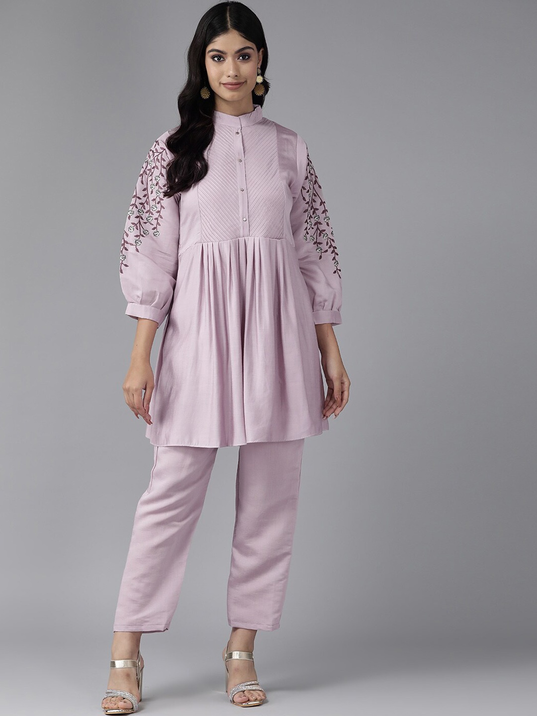 

Aarika Embroidered Cotton Empire A-line Kurti With Trousers Set, Lavender