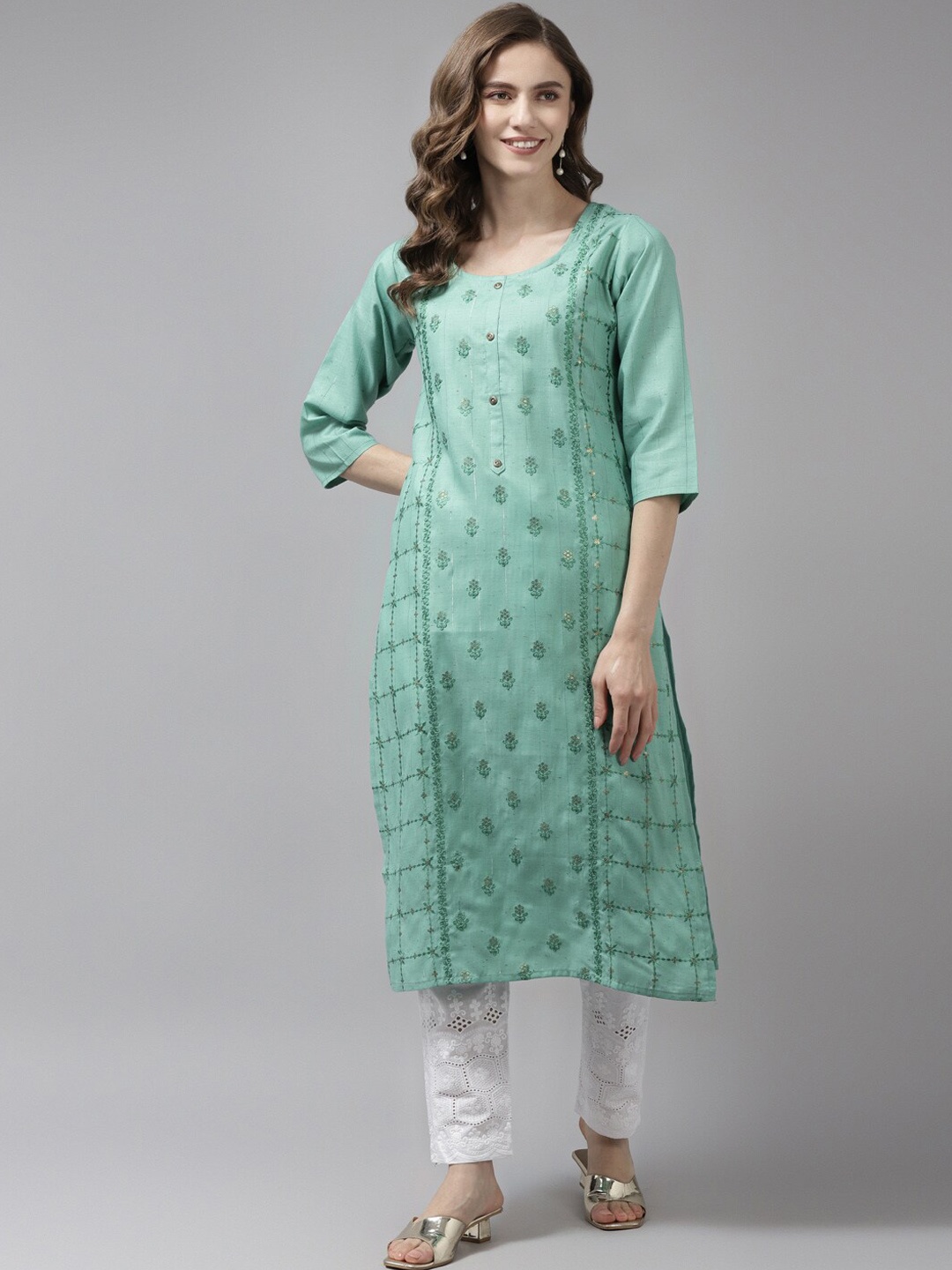 

Aarika Floral Embroidered Round Neck Cotton Kurta, Turquoise blue