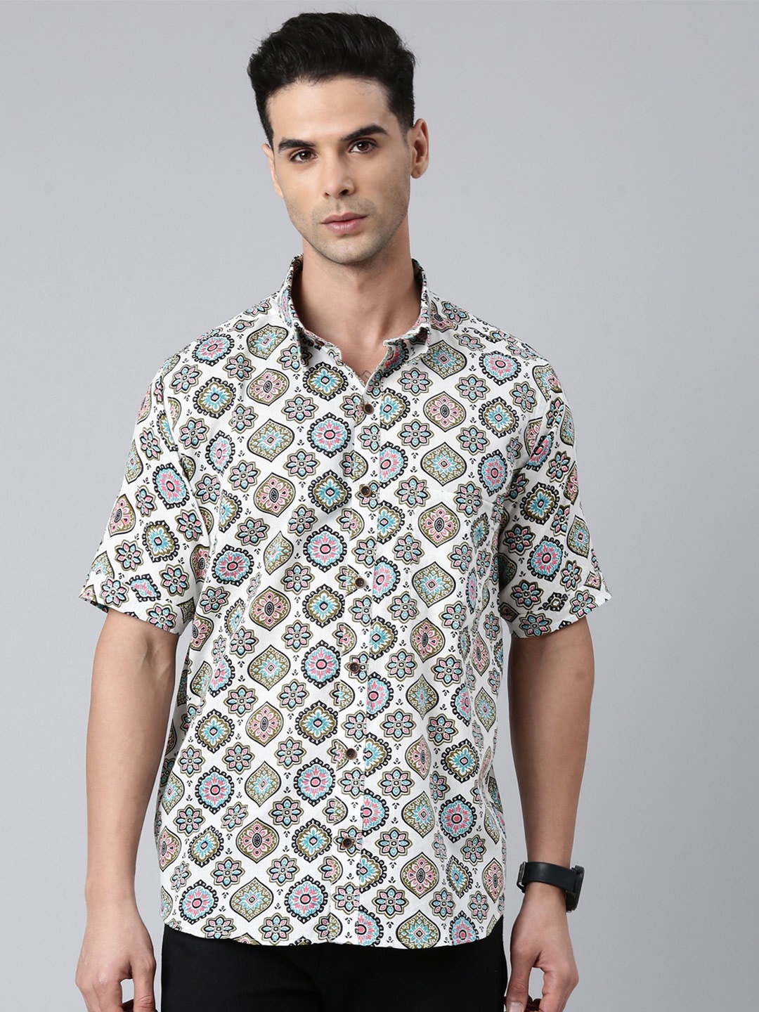 

ERISHA Comfort Fit Floral Printed Cotton Casual Shirt, White