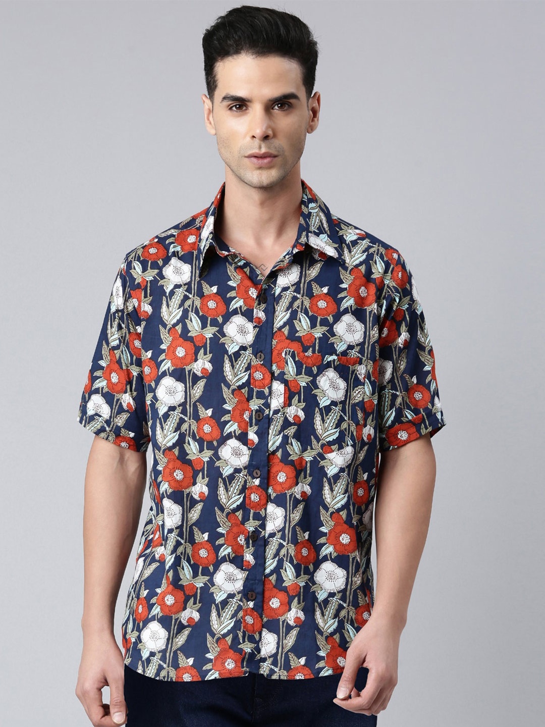 

ERISHA Comfort Floral Printed Semi Sheer Cotton Casual Shirt, Navy blue