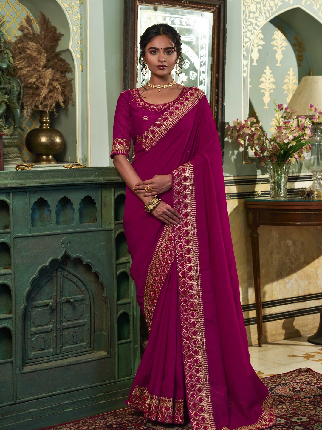 

Mitera Ethnic Motifs Embroidered Saree, Pink