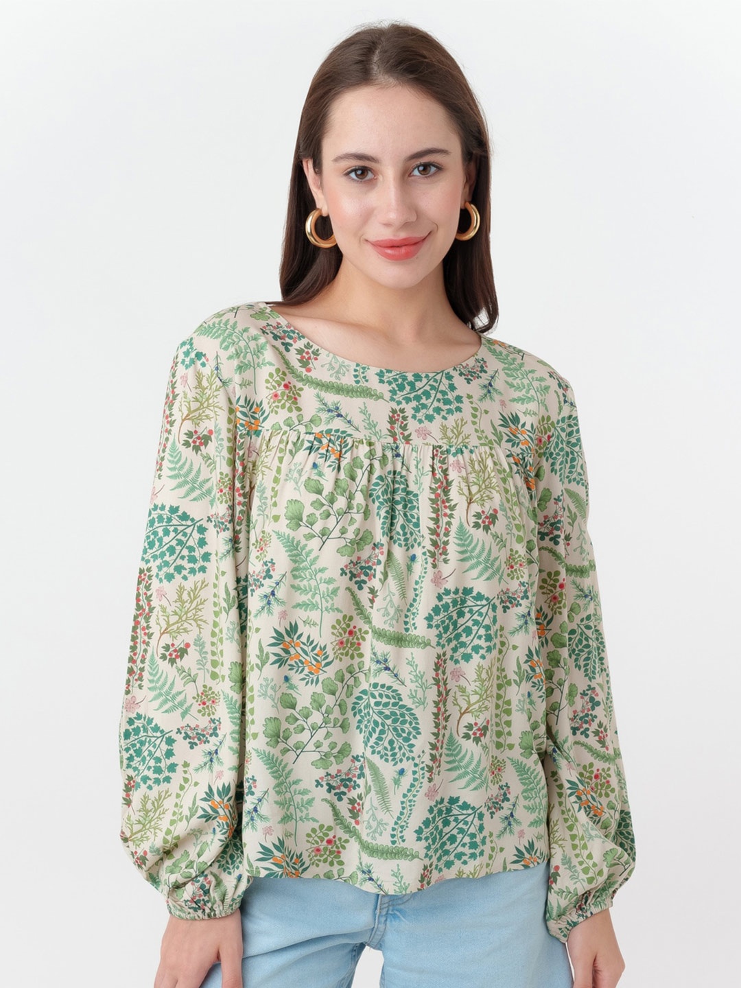 

Zink London Floral Printed Puff Sleeve Top, Off white