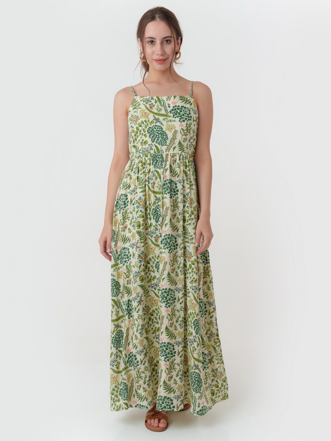 

Zink London Floral Printed Shoulder Straps Maxi Dress, Off white