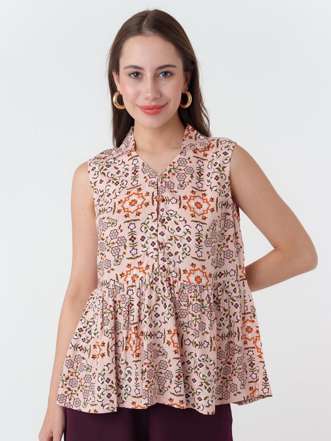 

Zink London Floral Printed Sleeveless Peplum Top, Peach