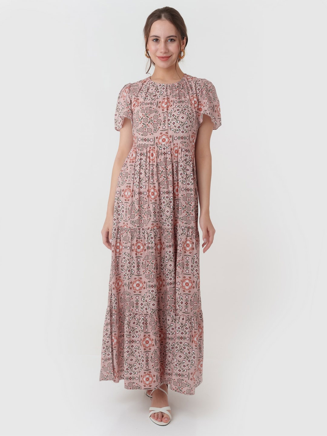 

Zink London Floral Printed Gathered Maxi Dress, Peach