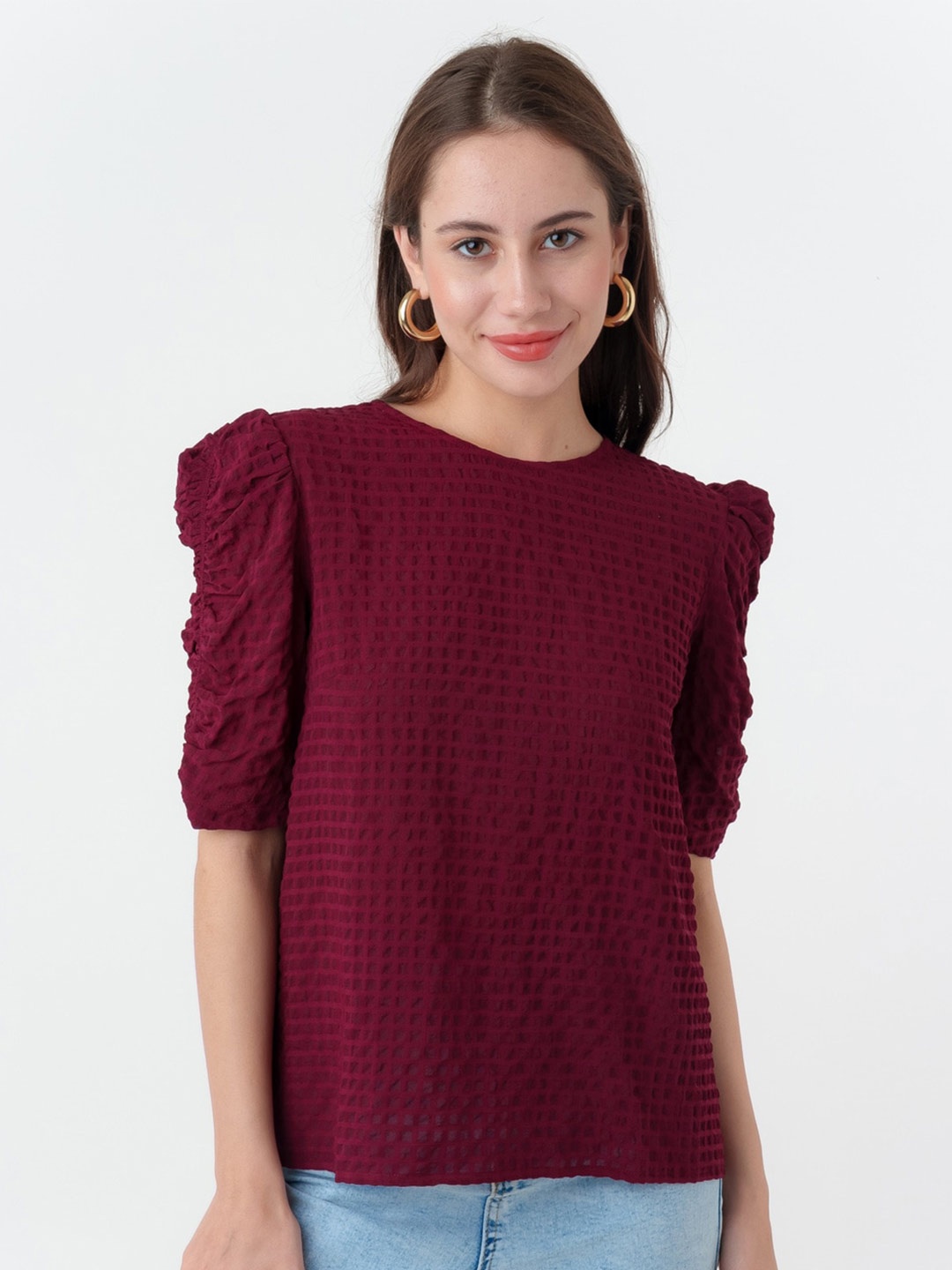 

Zink London Checked Puff Sleeves Top, Maroon