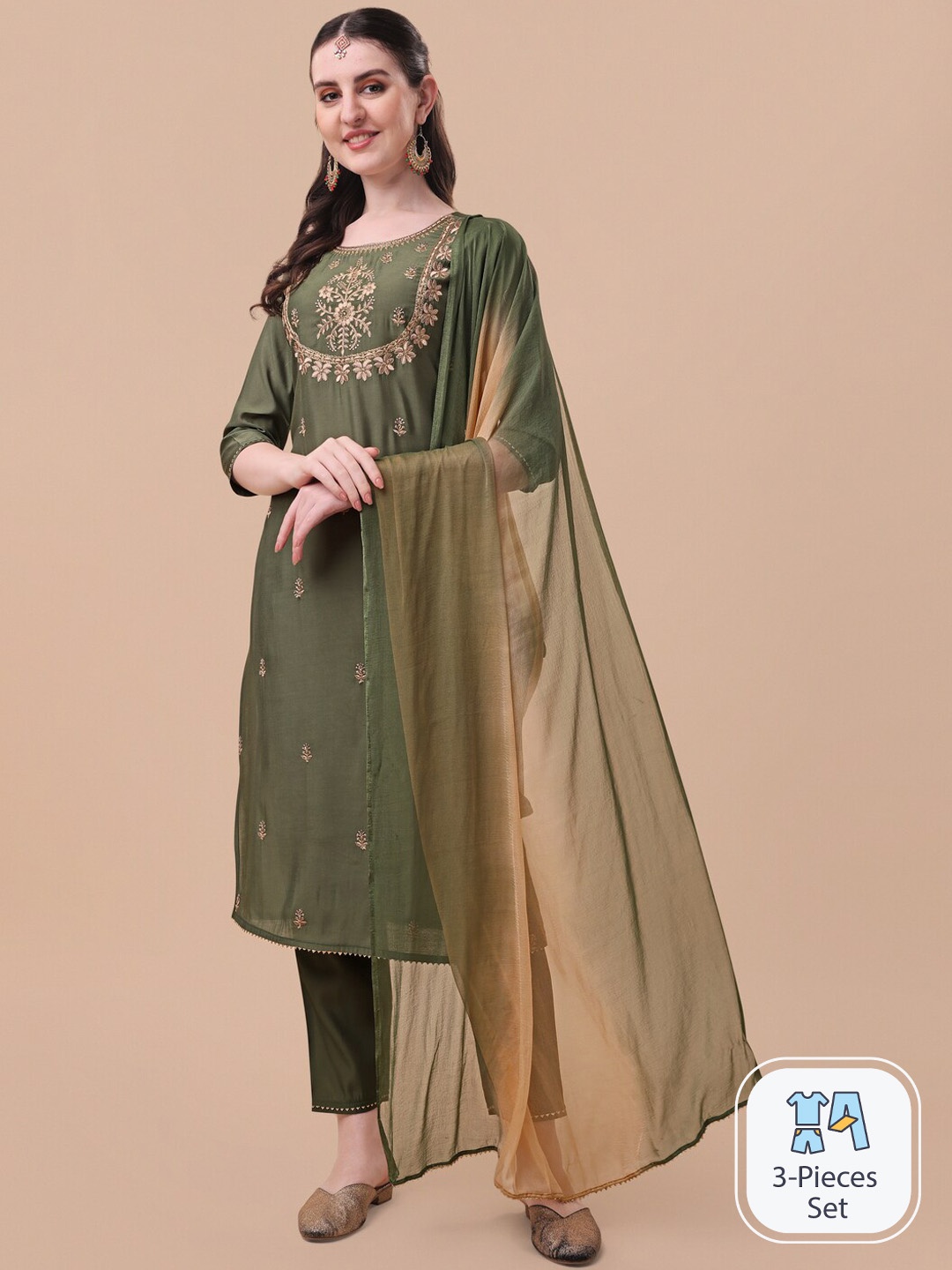 

KALINI Floral Embroidered Thread Work Chanderi Cotton Kurta With Trousers & Dupatta, Green