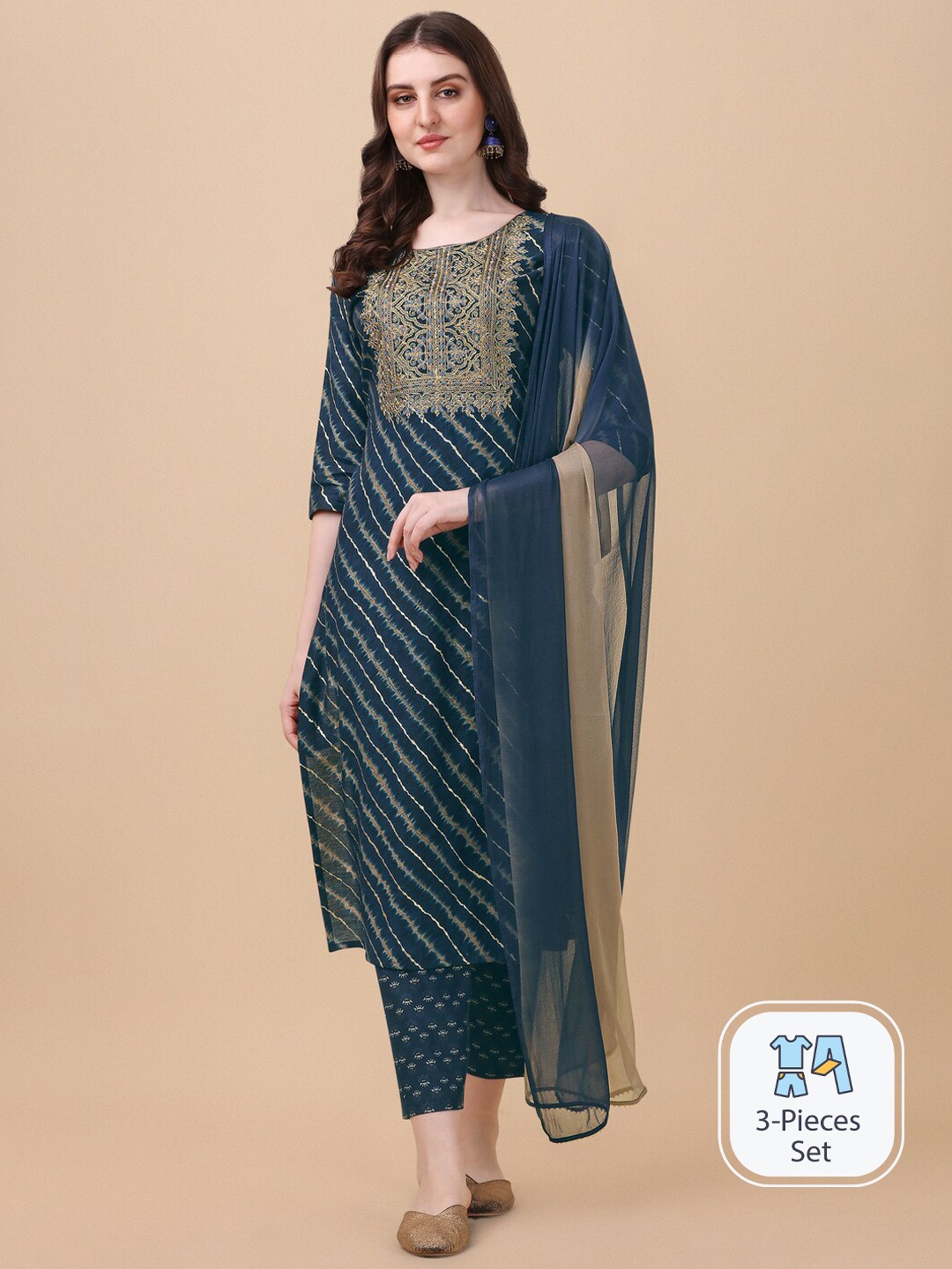 

KALINI Leheriya Embroidered Kurta With Trousers & Dupatta, Blue