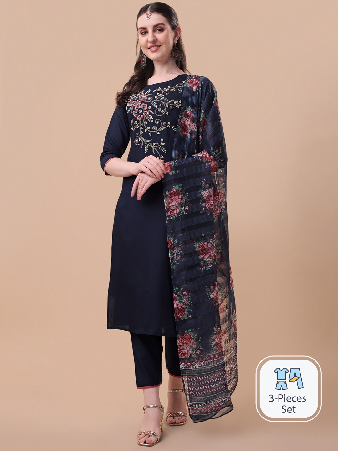 

KALINI Floral Embroidered Regular Chanderi Cotton Kurta with Trousers & Dupatta, Navy blue