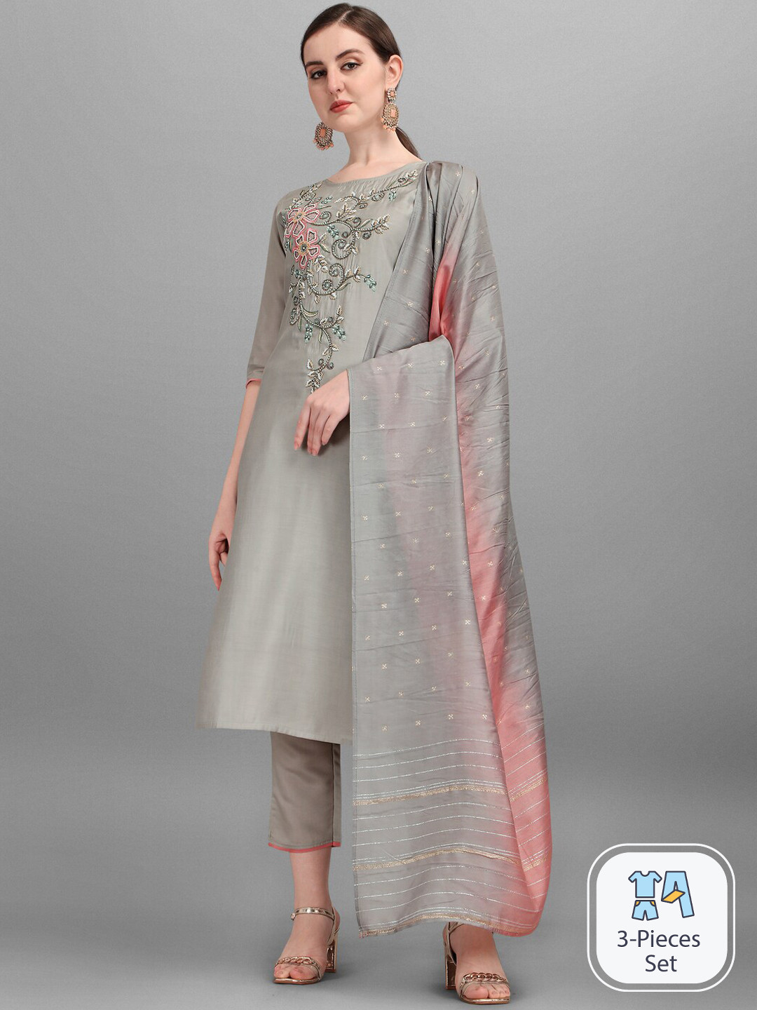 

KALINI Floral Embroidered Beads and Stones Chanderi Cotton Kurta with Trousers & Dupatta, Grey