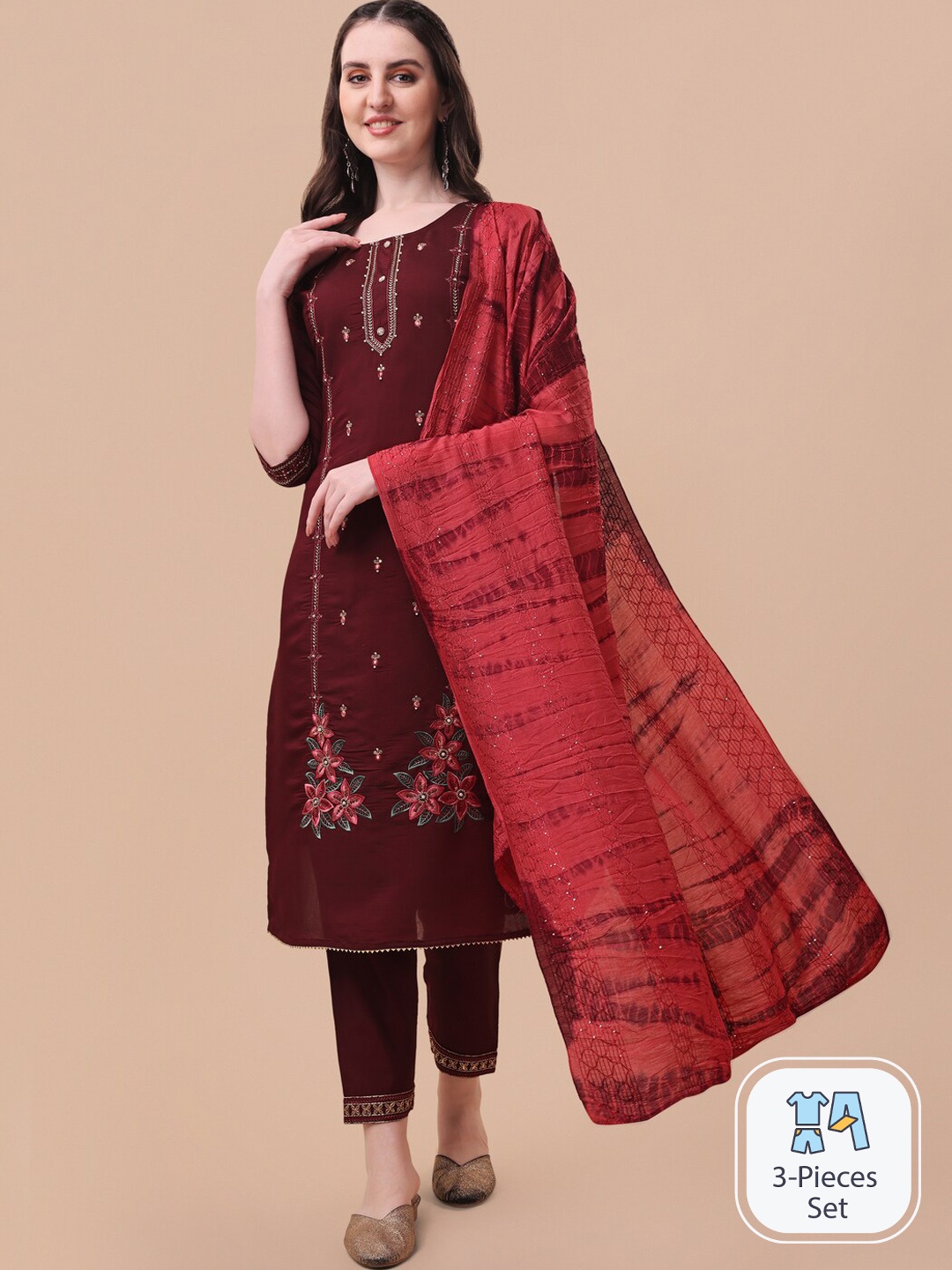 KALINI Ethnic Motifs Embroidered Thread Work Detail Kurta & Trousers With Dupatta, Maroon