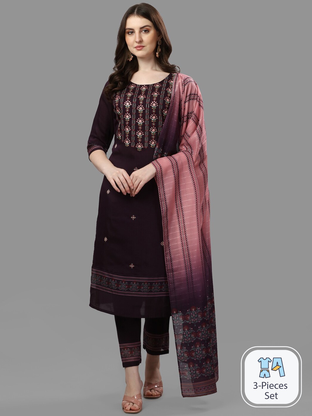 

KALINI Floral Embroidered Mirror Work Chanderi Cotton Kurta With Trousers & Dupatta, Maroon