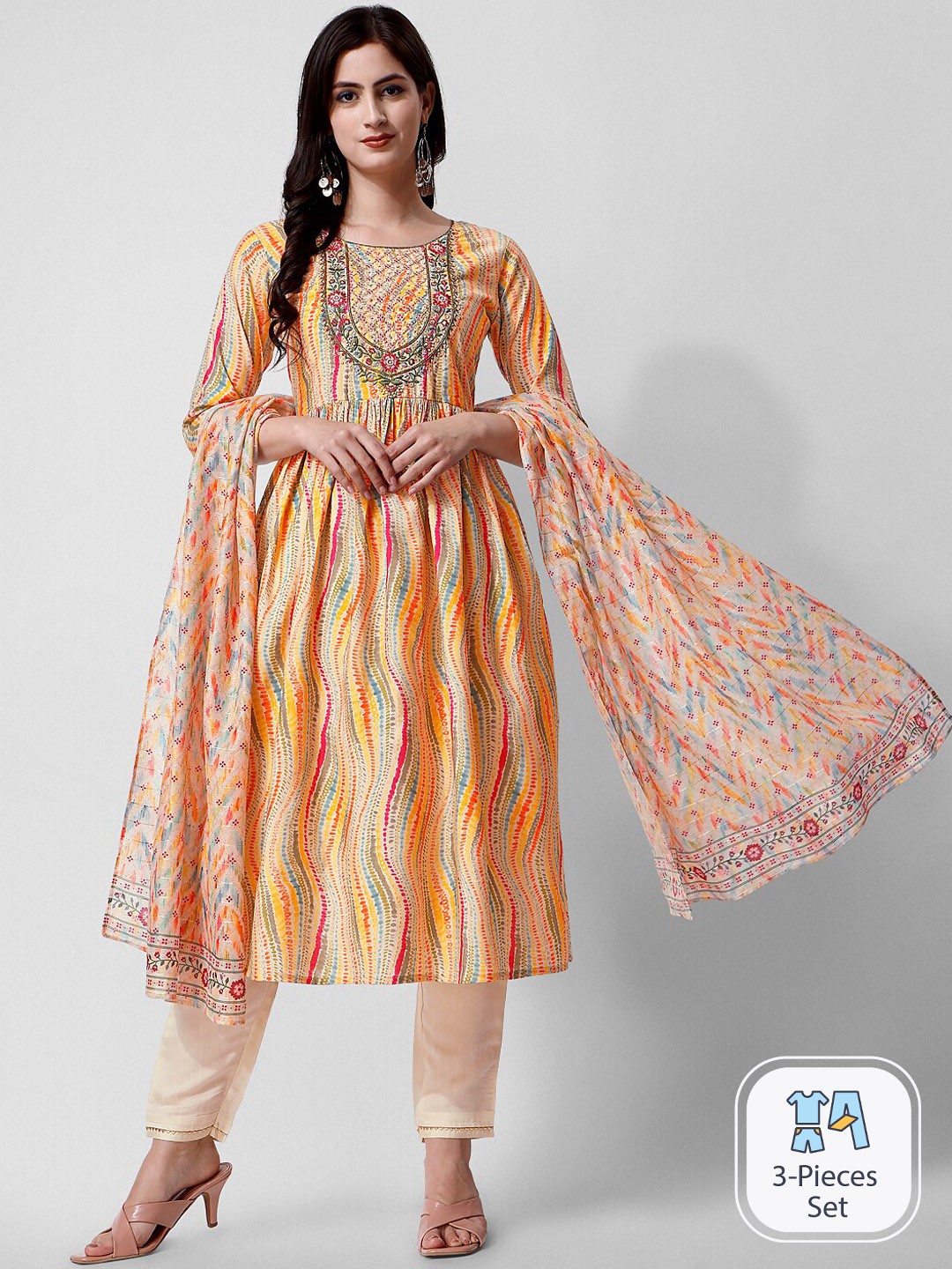 

KALINI Floral Yoke Embroidered Beads and Stones Anarkali Kurta with Trousers & Dupatta, Yellow