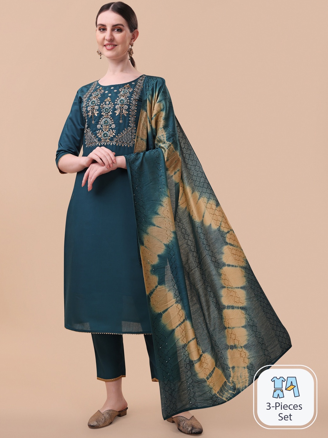 

KALINI Floral Embroidered Thread Work Kurta With Trousers & Dupatta, Teal