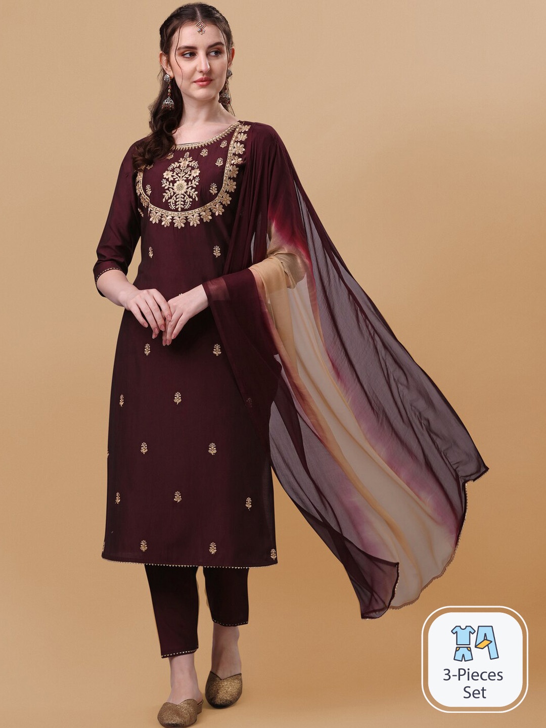 

KALINI Ethnic Motifs Embroidered Regular Kurta with Trousers & With Dupatta, Maroon