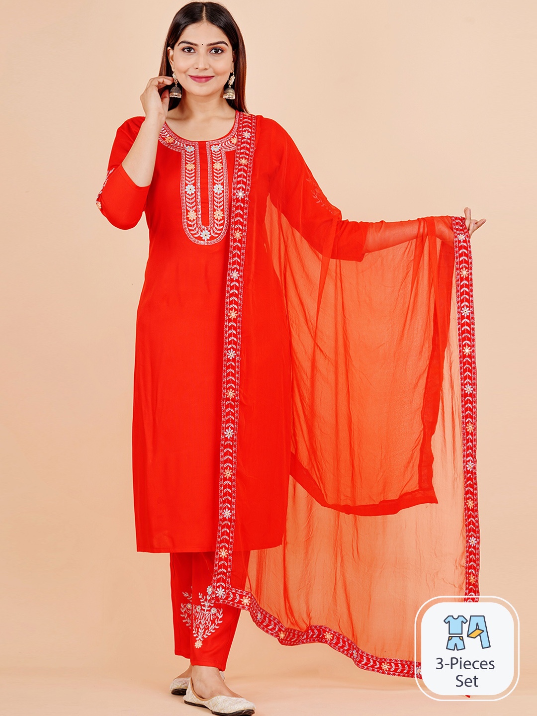 

AAYUMI Floral Yoke Design Thread Work Straight Kurta & Trouser With Dupatta, Red