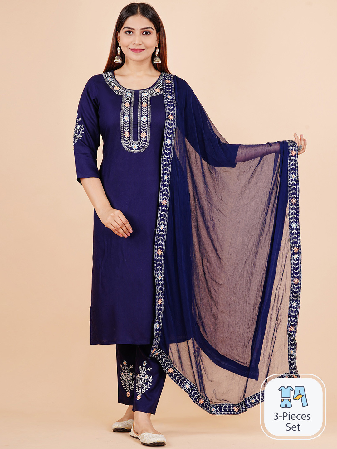 

AAYUMI Floral Yoke Design Thread Work Straight Kurta & Trouser With Dupatta, Navy blue