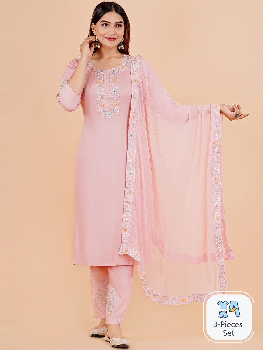 

AAYUMI Floral Yoke Design Thread Work Straight Kurta & Trouser With Dupatta, Pink