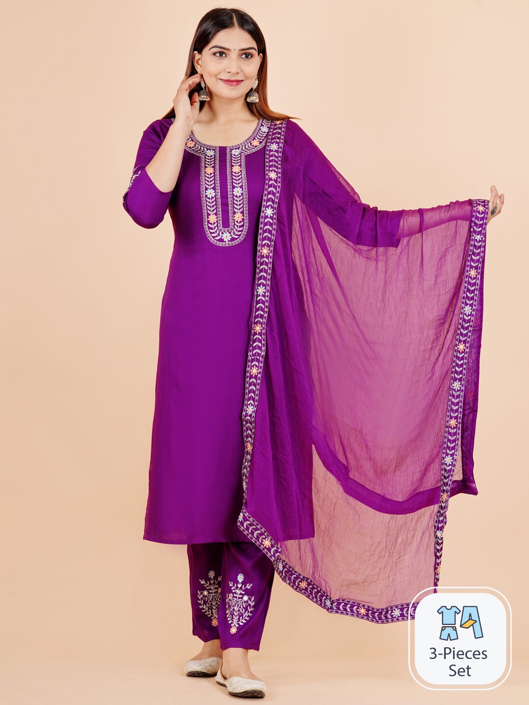

AAYUMI Thread Work Detailed Straight Kurta & Trousers With Dupatta, Purple