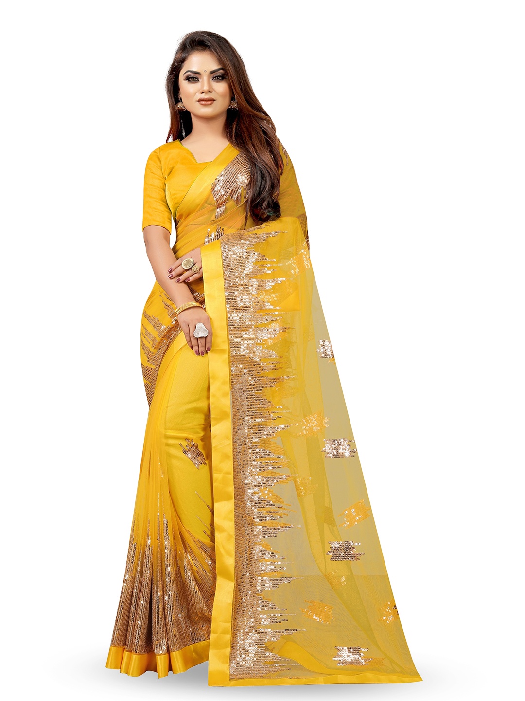 

BARKIYA CREATION Embellished Sequined Net Saree, Yellow