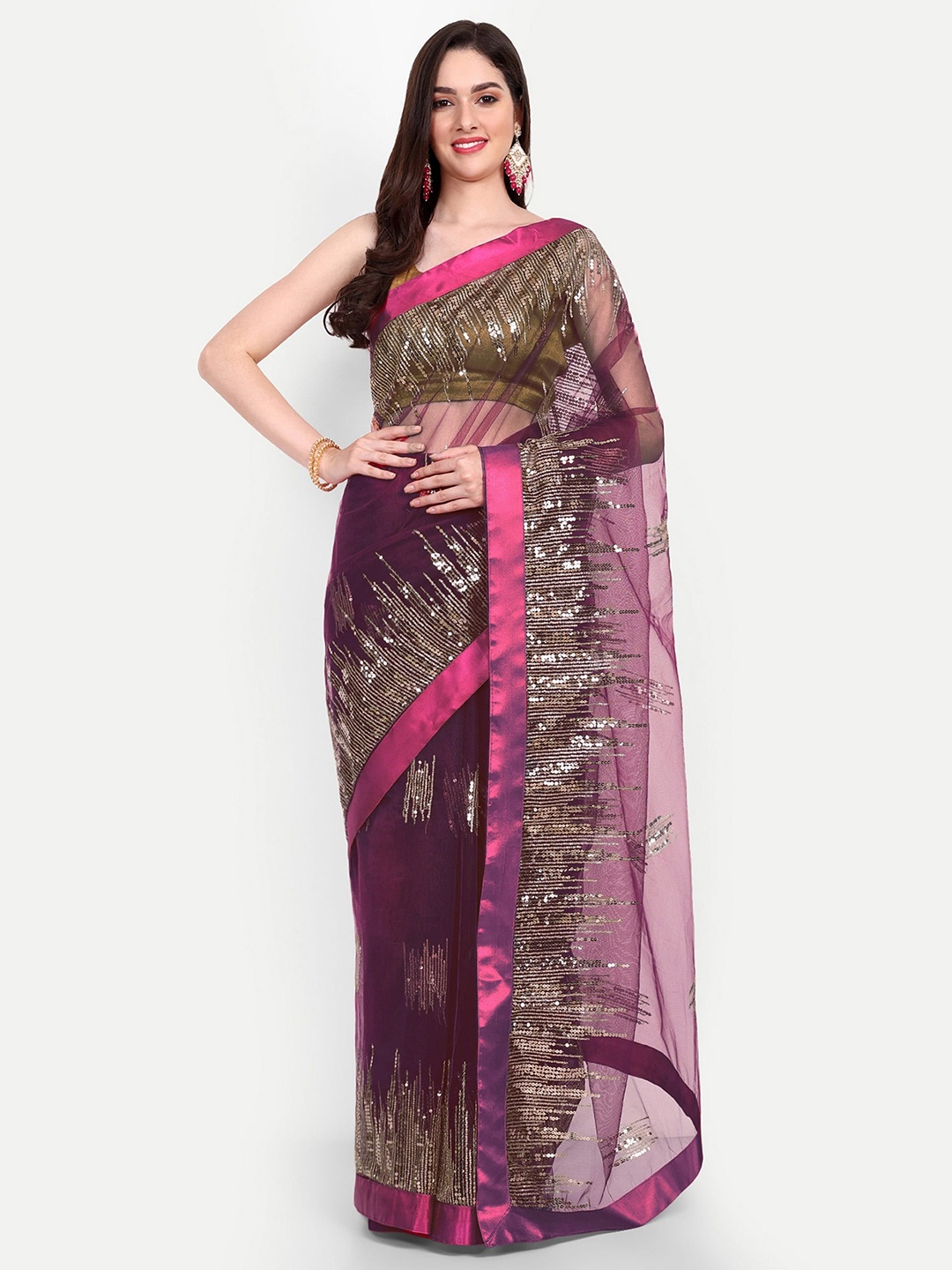 

BARKIYA CREATION Embellished Sequined Net Saree, Purple