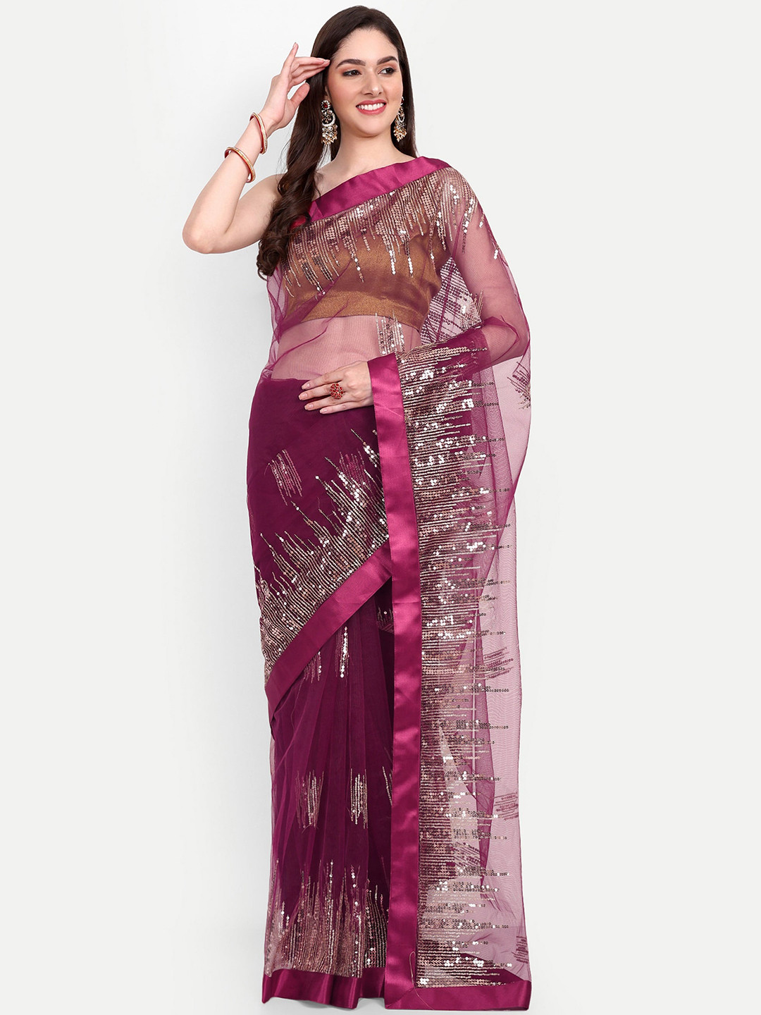 

BARKIYA CREATION Embellished Sequined Net Saree, Pink