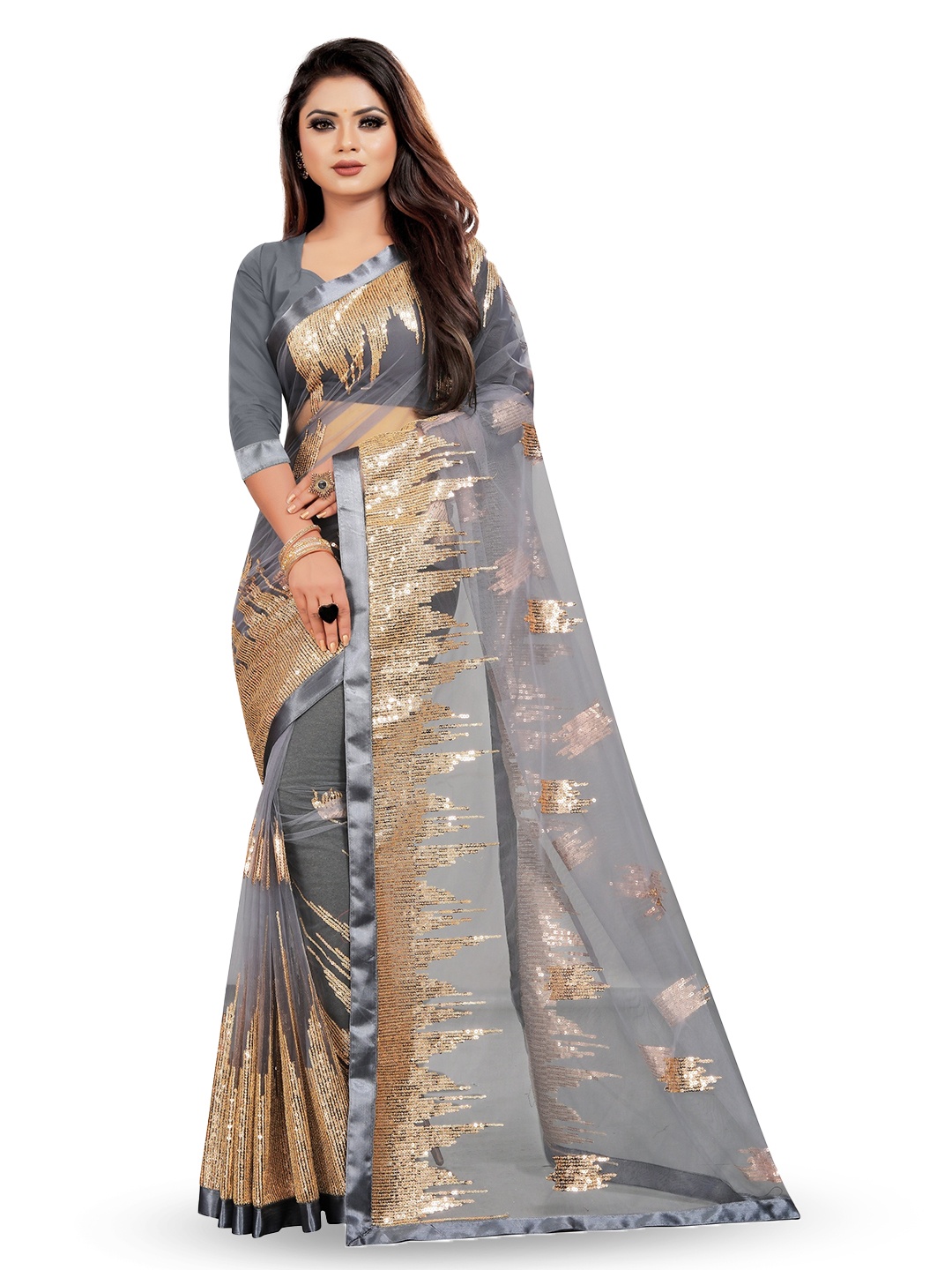 

BARKIYA CREATION Embellished Sequined Net Saree, Grey