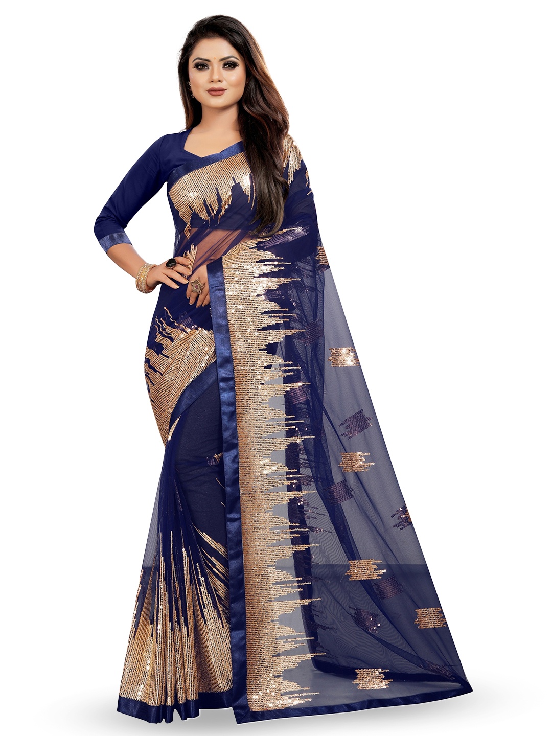 

BARKIYA CREATION Embellished Sequined Net Designer Saree, Blue