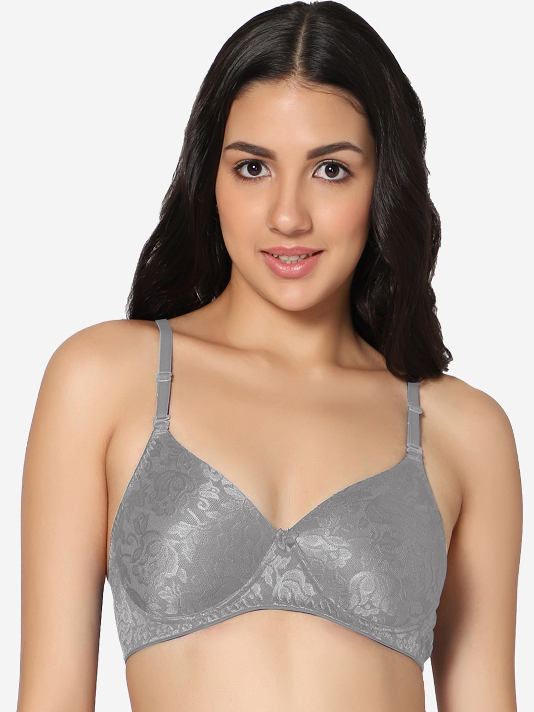 

In Care Floral Lace All Day Comfort Non-Wired Heavily Padded Seamless Cotton Everyday Bra, Grey