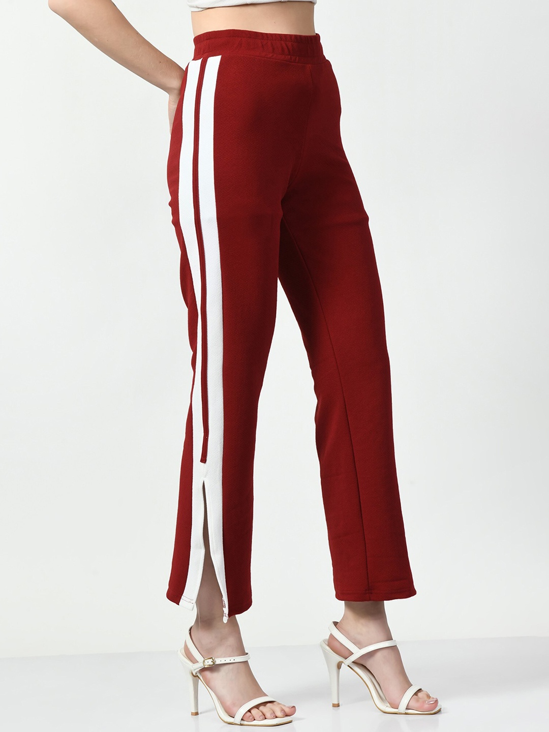 

Moshe Women Side Stripes Relaxed Fit High-Rise Trousers, Maroon