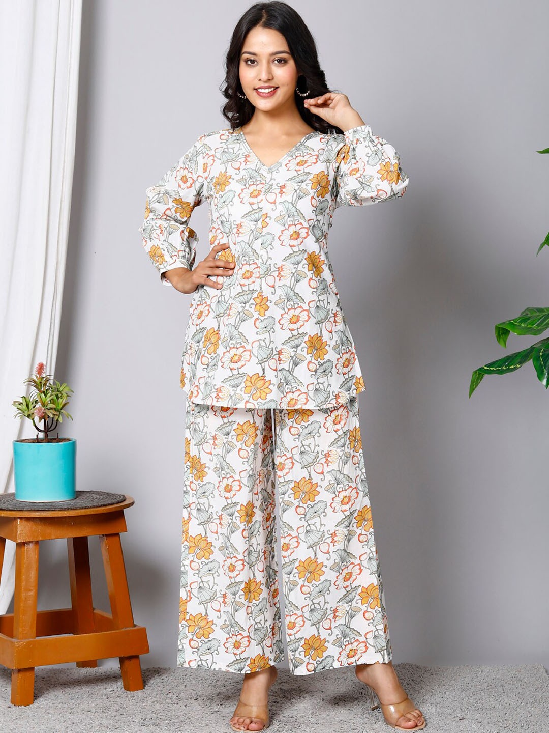 

HERE&NOW Floral Printed Pure Cotton Tunic With Palazzos, White