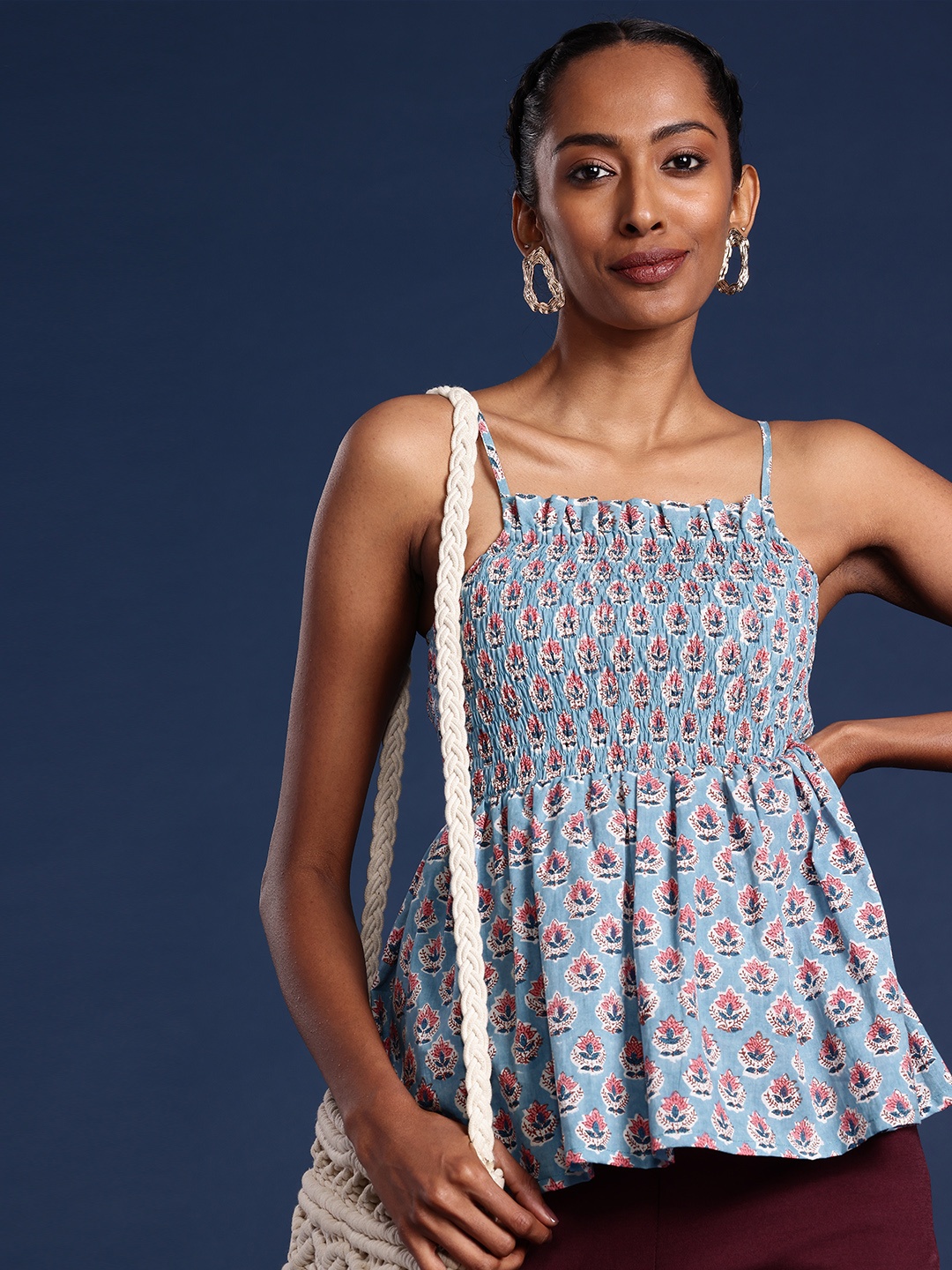

Taavi Floral Print Smocked Cotton Peplum Top, Turquoise blue