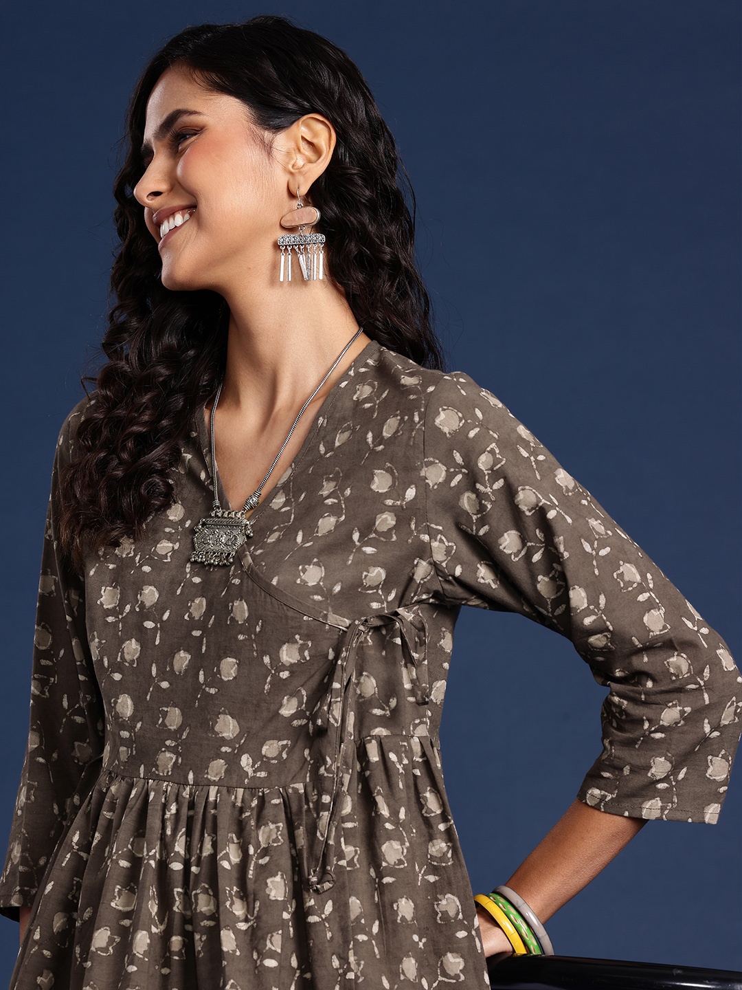 

Taavi Floral Print Cotton Wrap Top, Brown
