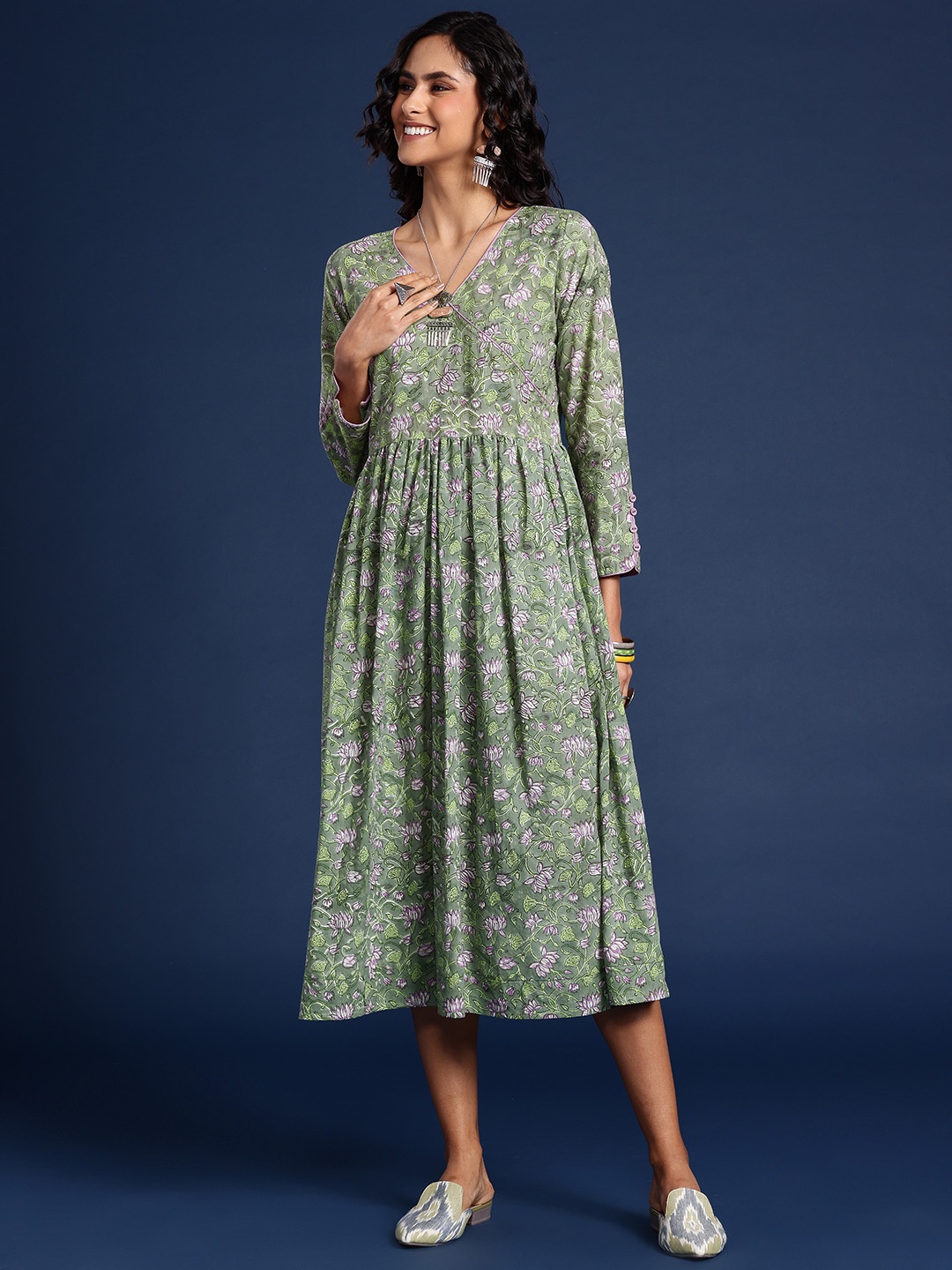 

Taavi Bagru Printed Pure Cotton Ethnic Maxi Dress, Green