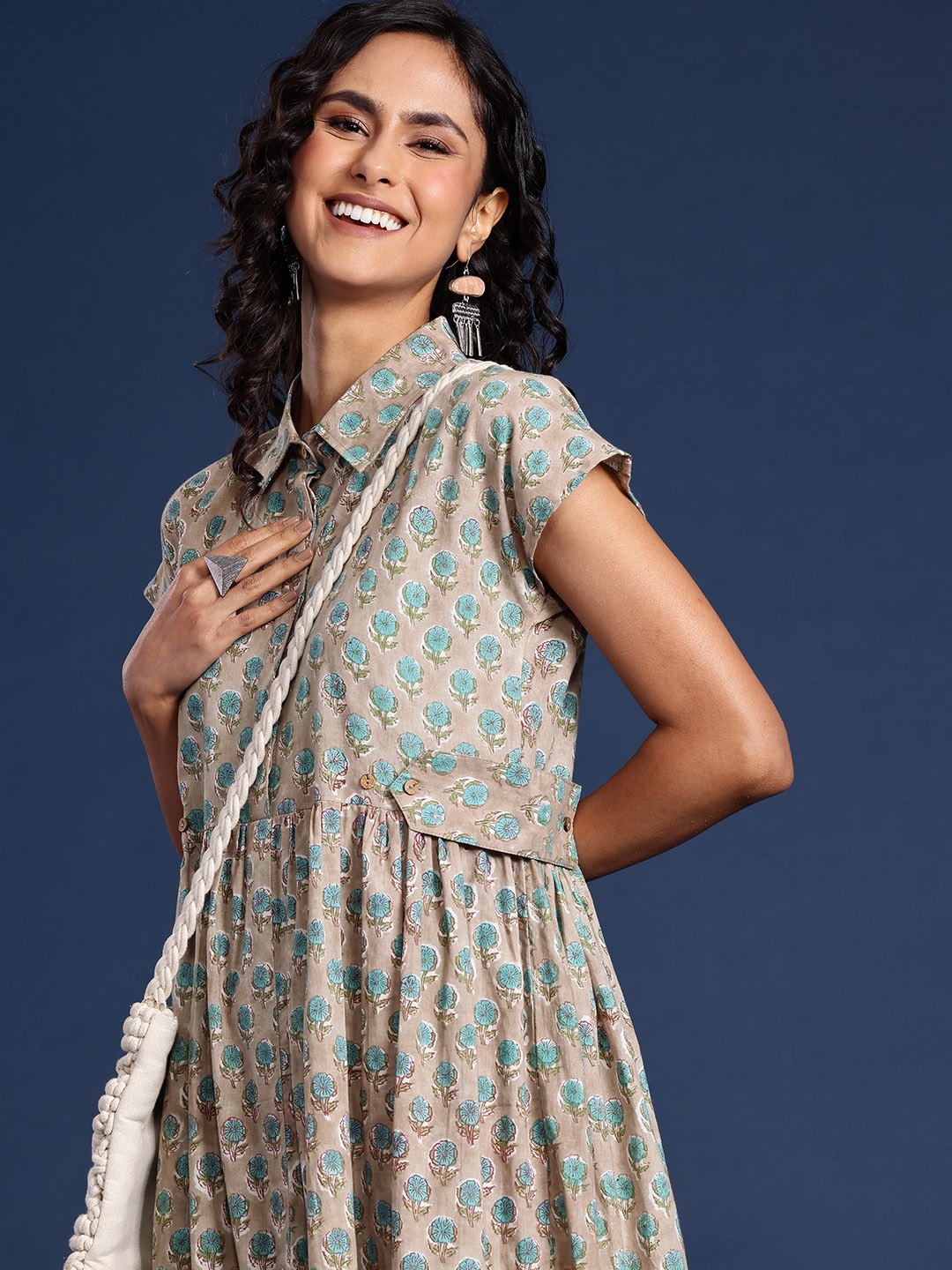 

Taavi Floral Print Shirt Cotton Midi Dress, Beige