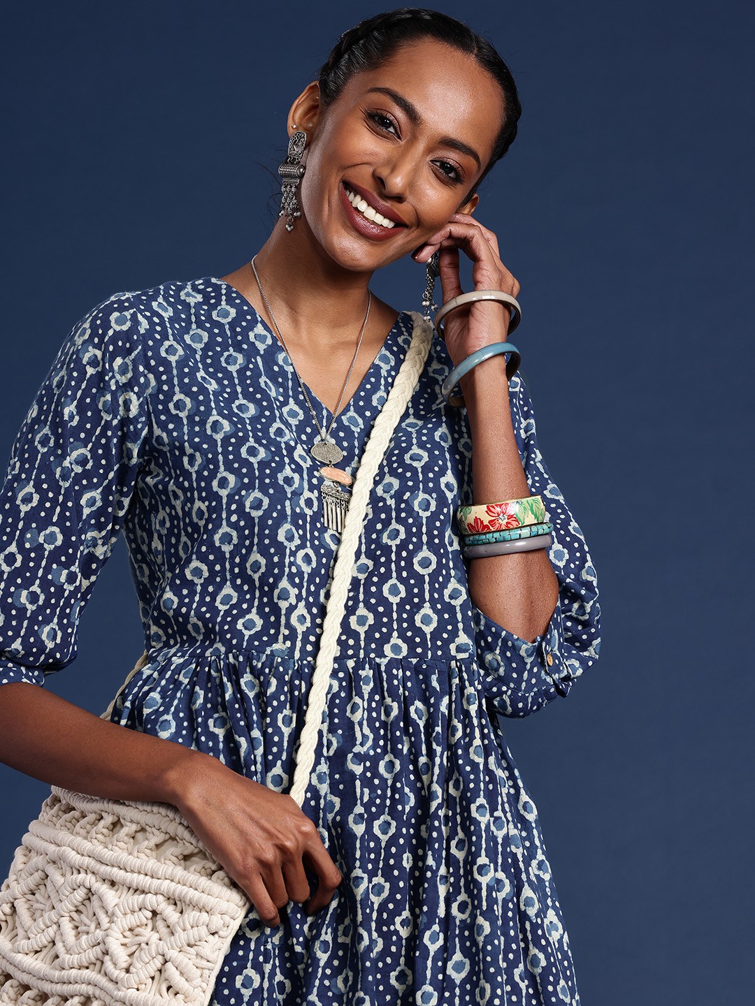 

Taavi Indigo Printed A-Line Fit & Flare Dress, Navy blue