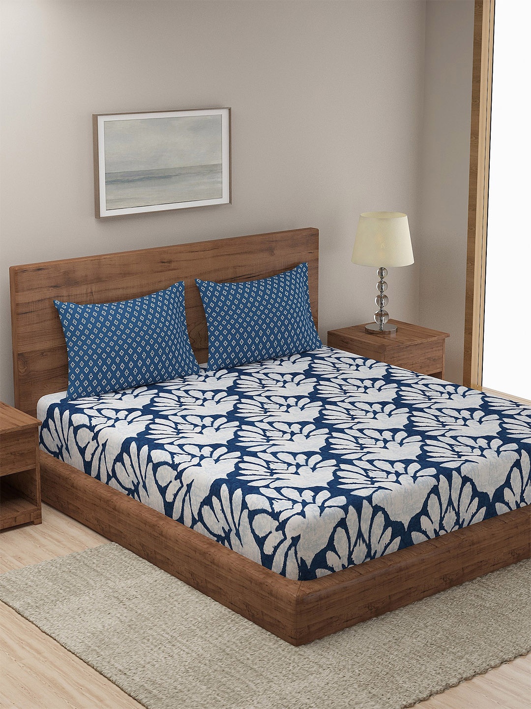

Dreamscape Blue Ethnic Motifs Cotton 140 TC Queen Bedsheet & 2 Pillow Covers
