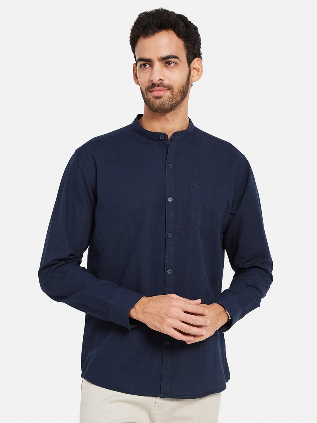 

METTLE Mandarin Collar Cotton Casual Shirt, Navy blue