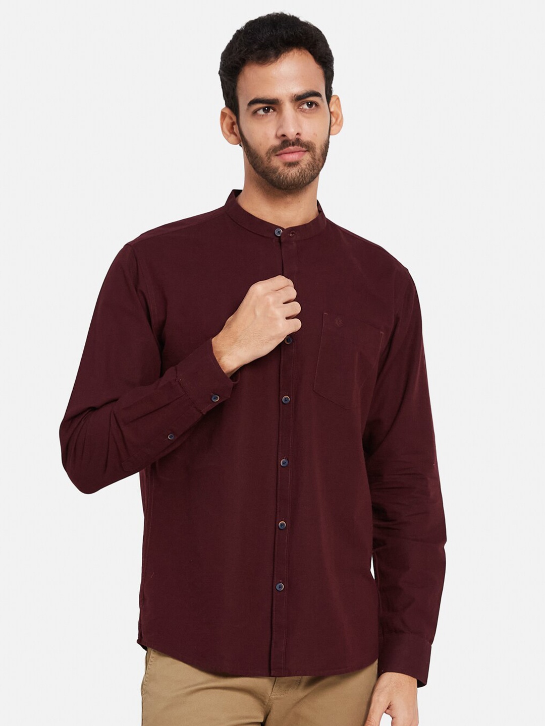 

METTLE Mandarin Collar Cotton Casual Shirt, Maroon