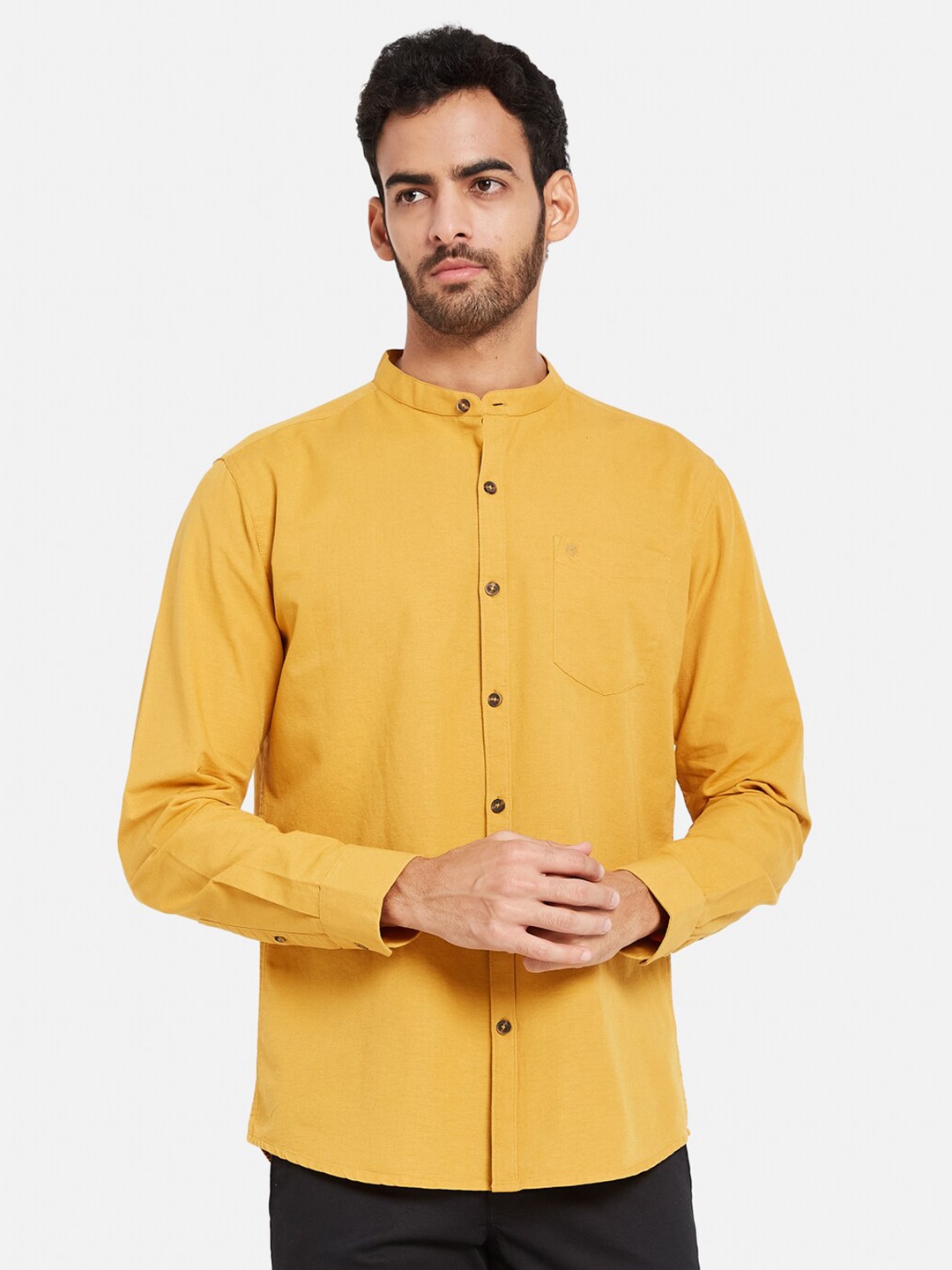 

METTLE Mandarin Collar Cotton Casual Shirt, Yellow