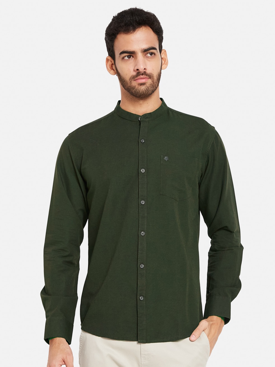 

METTLE Band Collar Cotton Casual Shirt, Olive