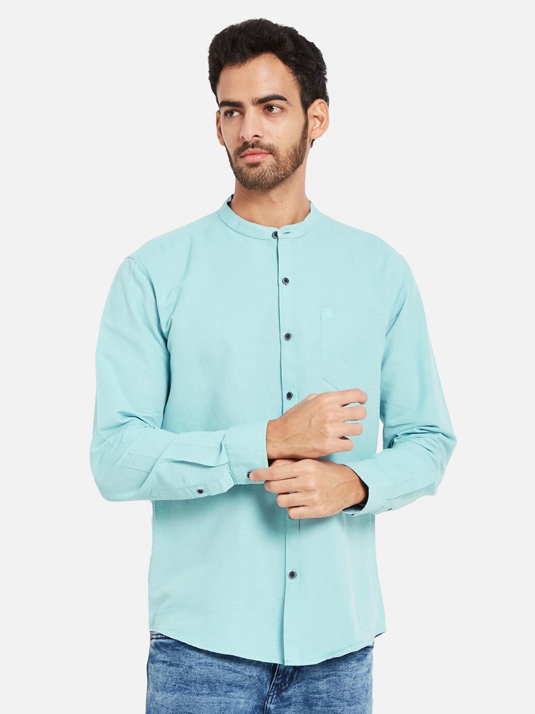 

METTLE Mandarin Collar Cotton Casual Shirt, Blue