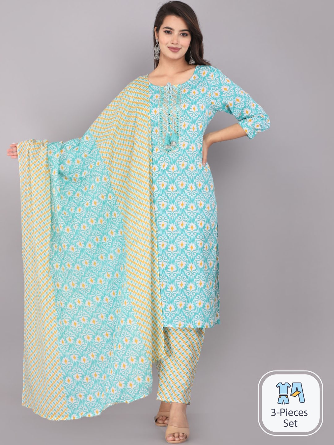 

JC4U Ethnic Motifs Printed Pure Cotton Regular Kurta with Trousers & With Dupatta, Blue
