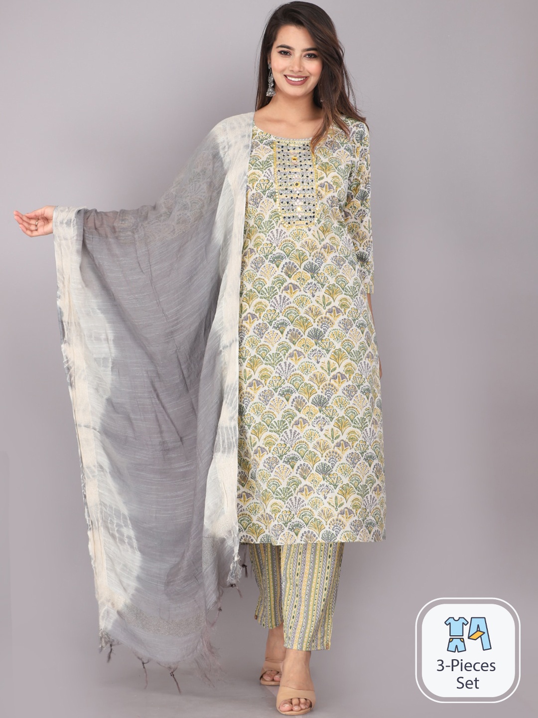 

JC4U Ethnic Motifs Printed Pure Cotton Regular Kurta with Trousers & With Dupatta, Beige