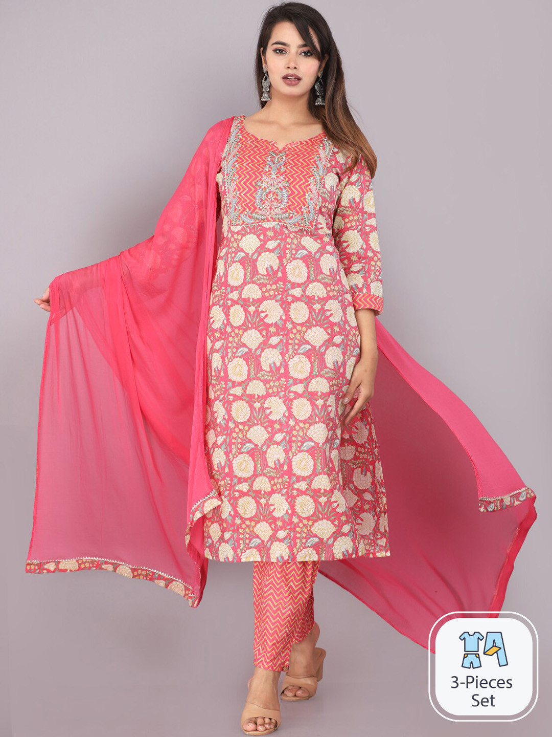 

JC4U Floral Printed Regular Pure Cotton Kurta with Trousers & Dupatta, Pink