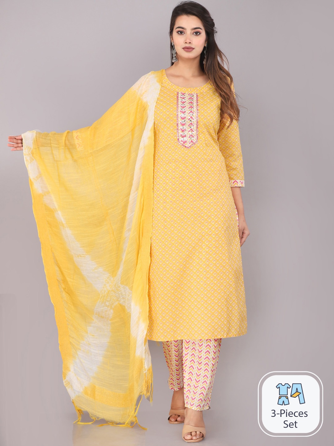 

JC4U Ethnic Motifs Printed Regular Pure Cotton Kurta With Trousers & Dupatta, Yellow