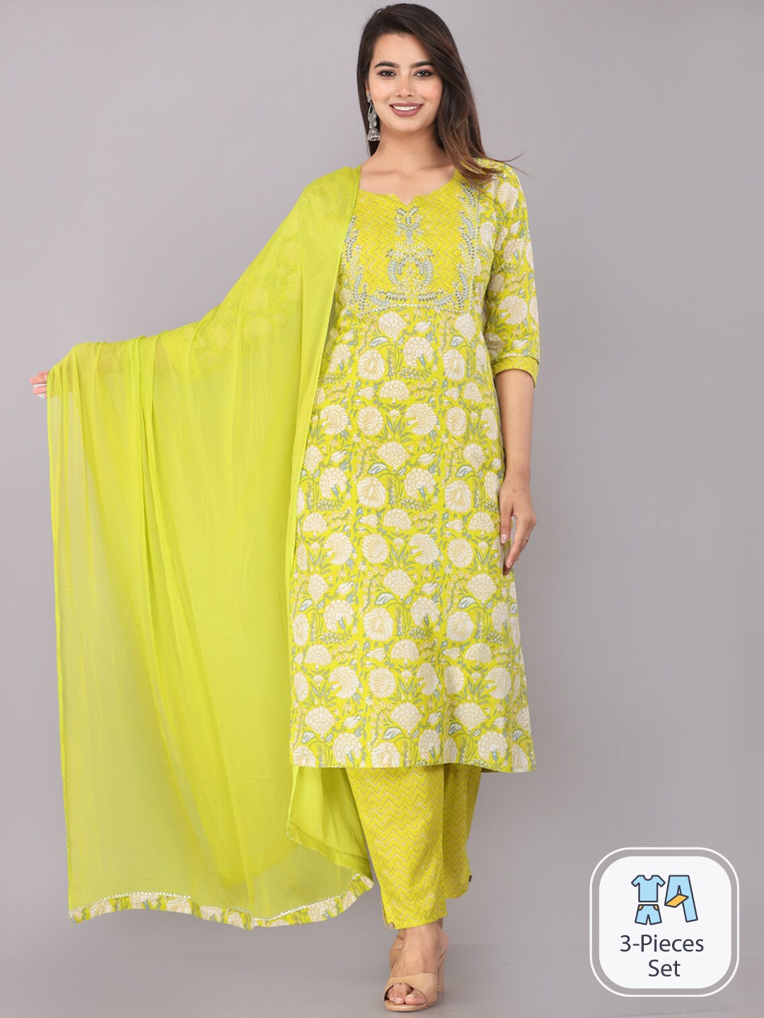 

JC4U Floral Printed Regular Pure Cotton Kurta With Trousers & Dupatta, Green