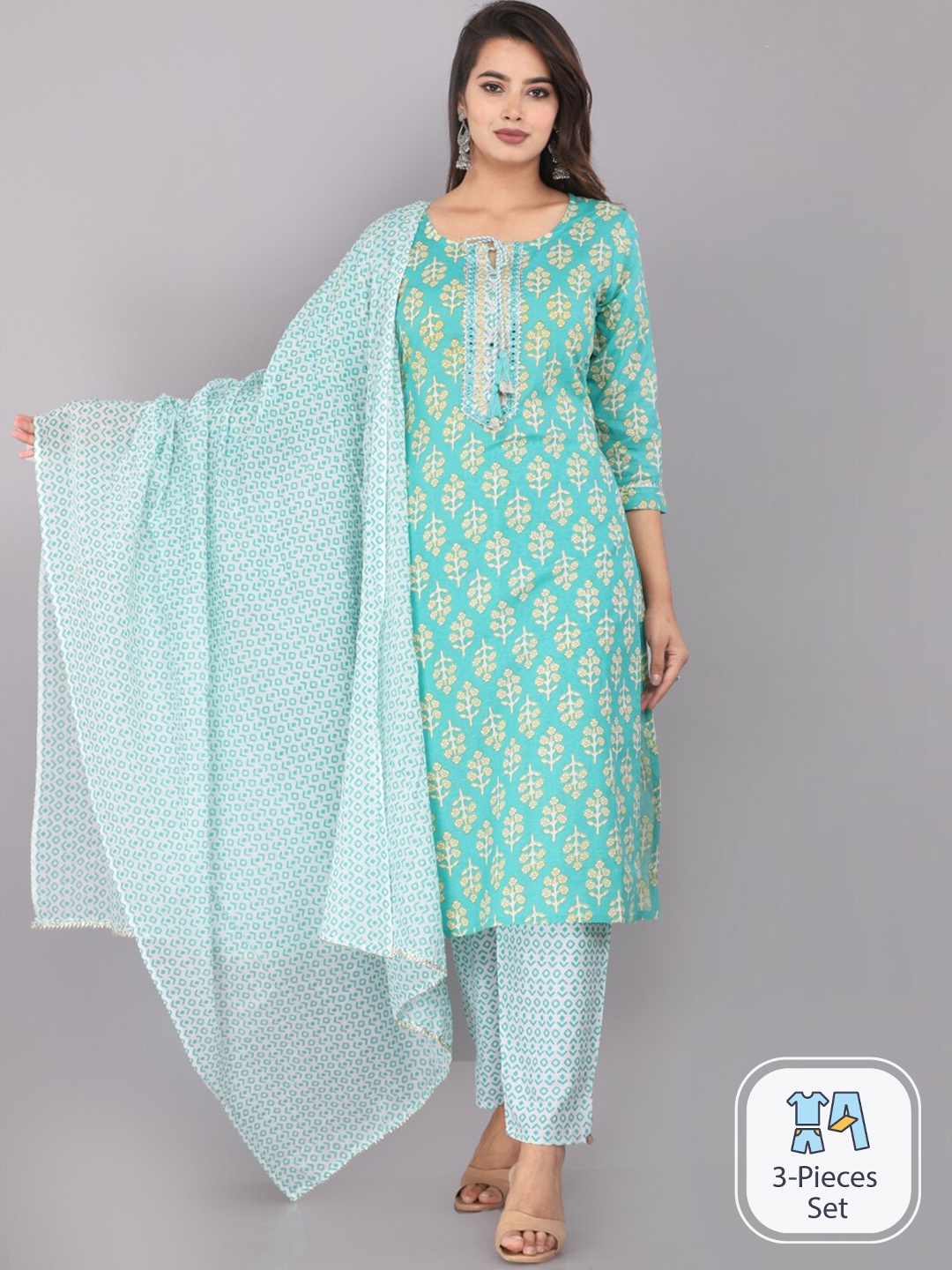

JC4U Ethnic Motifs Printed Regular Pure Cotton Kurta with Trousers & Dupatta, Green