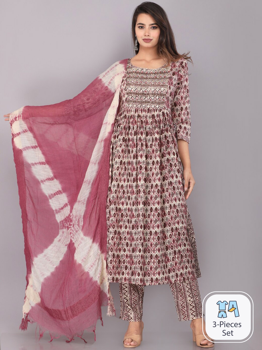 

JC4U Ethnic Motifs Printed A-Line Kurta with Trousers & With Dupatta, Maroon