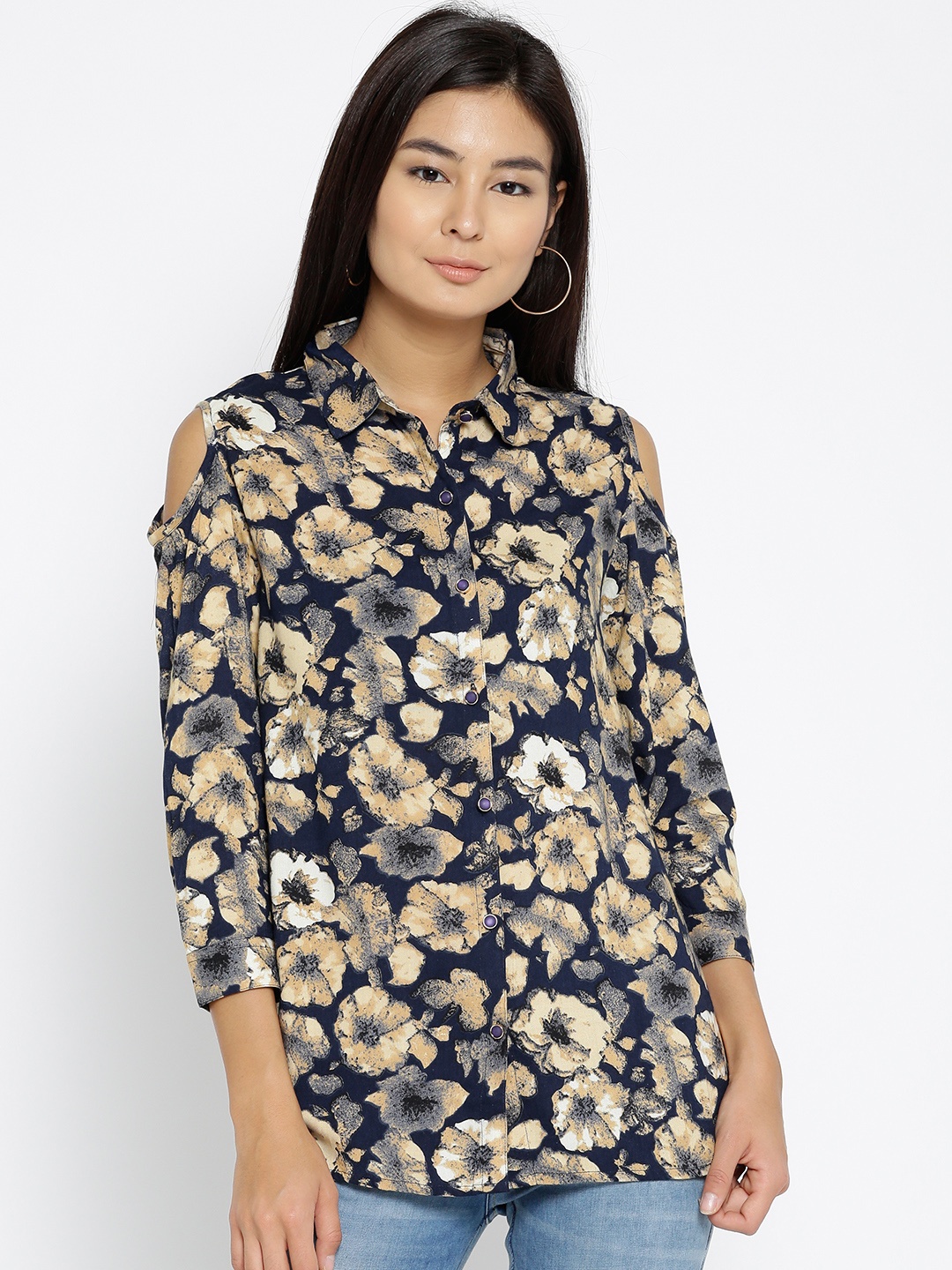 

Monte Carlo Women Navy Blue & Beige Printed Cold-Shoulder Casual Shirt